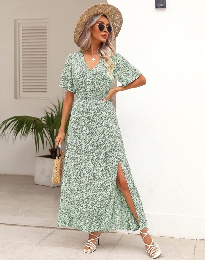 Kranda Women 2025 Summer Spring V Neck High Waist Short Sleeve Casual Long Boho Floral Swing Flowy Slit Beach Maxi Dress – Bild 2