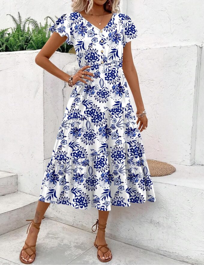 Zeagoo Women's Summer Casual Dress Flutter Short Sleeve V Neck Button Down Tiered Flowy Long Dress with Pockets – Bild 3