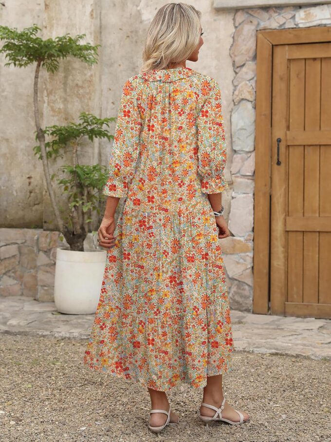ANRABESS Women's Boho Maxi Dresses 2025 Summer Casual V Neck Puff Sleeve Floral Tiered Flowy Swing Beach Vacation Long Dress – Bild 5
