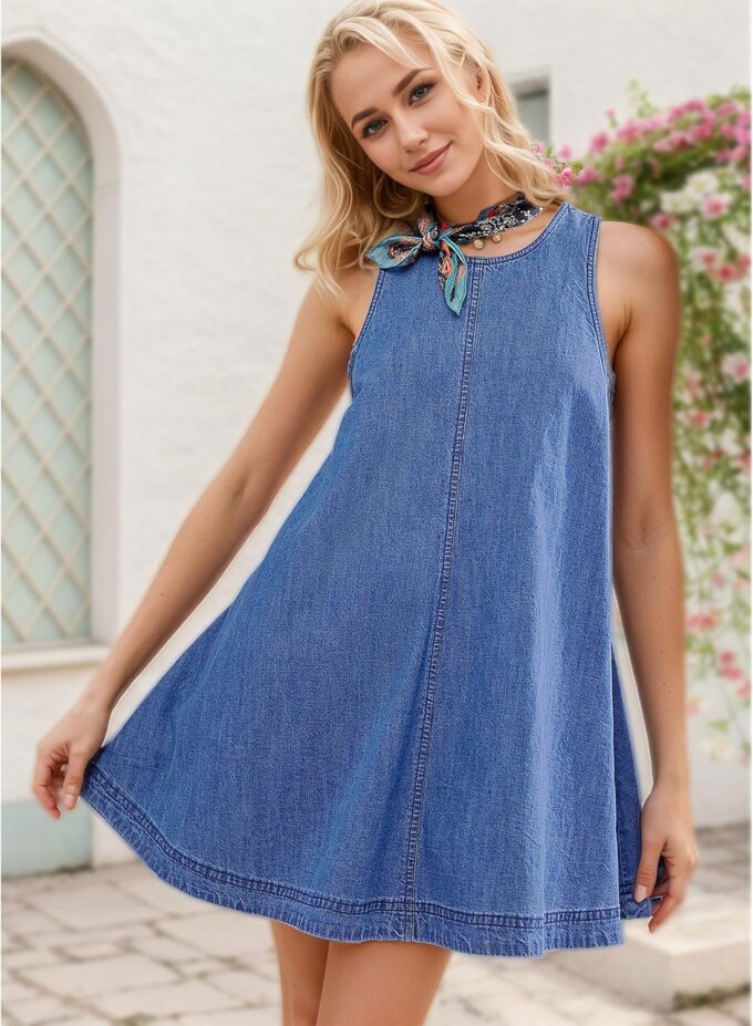Women's Sleeveless Denim Babydoll Mini Dress Summer Casual Cutout Back A-Line Flowy Jean Dress with Pockets – Bild 2