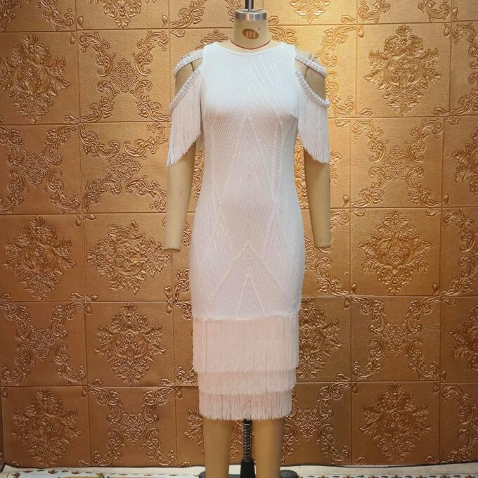 Cololura Sexy Elegant Women Sequin Short Sleeve Tassel Bodycon Midi Dress Party Evening Gown Formal Dress – Bild 6