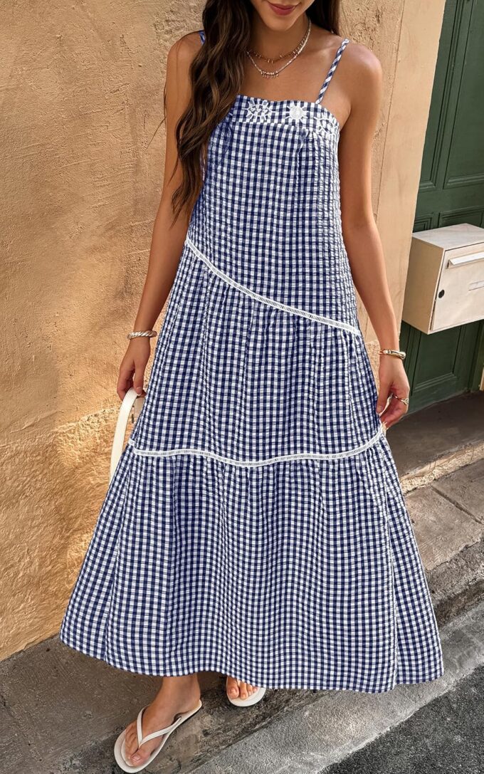 ECOWISH Women Sleeveless Maxi Dress: Summer Spaghetti Strap Casual Loose Boho Beach Dress Asymmetric Tiered Flowy Long Dress – Bild 6