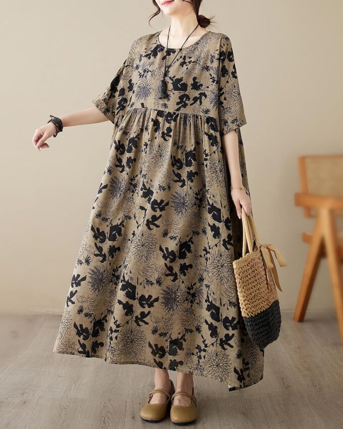 ellazhu Women's Summer Short Sleeve Maxi Length Solid Colord Floral Printed Patchwork Dress GA2677 – Bild 3
