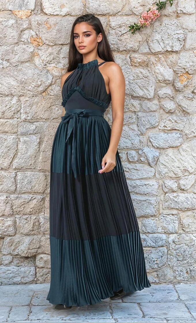Women's Sleeveless Satin Maxi Dress – Flared Pleated Skirt, Waist Tie, Halter Neck with High Ruffled Neckline – Bild 2