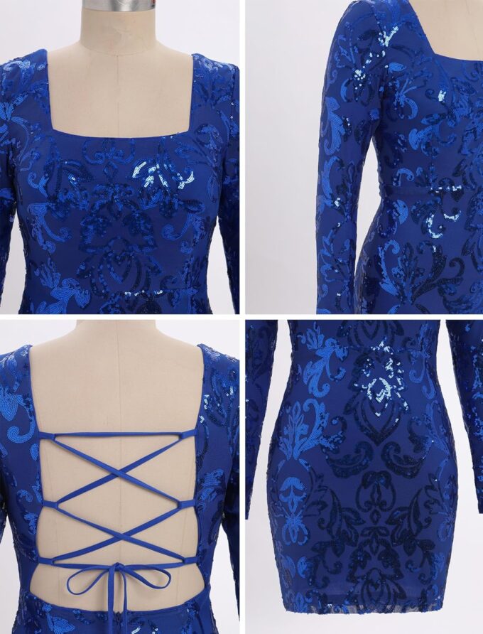 ODIZLI Women's Long Sleeve Sparkly Sequins Bodycon Mini Dress Party Nightclub Dresses Crisscross Straps Tie Back – Bild 5