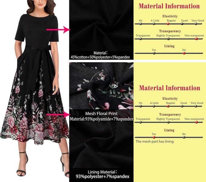 VFSHOW Womens Elegant Patchwork Pockets Pleated Work Office Business Casual Party Belted A-Line Midi Dress – Bild 6