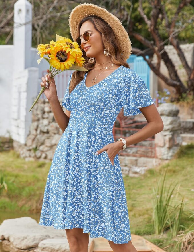 Zeagoo Womens Summer Dress Casual Swing Floral Ruffle Short Sleeve Sundresses Beach Mini A-line Shift Dress 2025 with Pockets – Bild 5