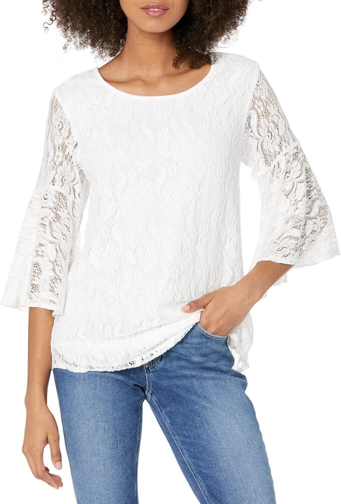 Star Vixen Damen Plus-Size Stretch Bell-Sleeve Keyhole Back Cutout Top-Lined Bluse, Elfenbein, 1X