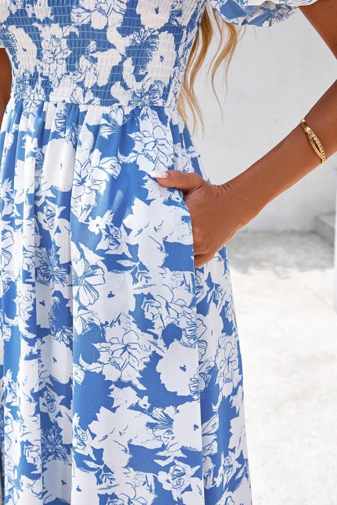 BTFBM Womens Summer 2025 Casual Maxi Dresses Short Sleeve Smocked Tiered Floral Boho Long Beach Dress with Pockets – Bild 6