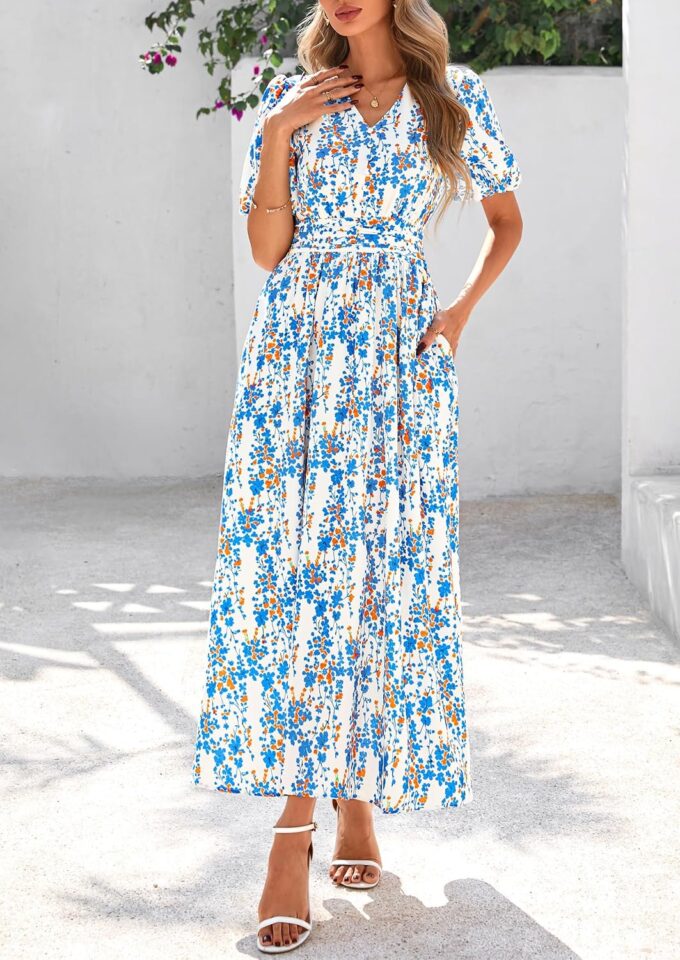 PRETTYGARDEN Summer Maxi Dresses for Women 2025 Floral V Neck Puff Sleeve Empire Waist A Line Flowy Long Beach Boho Dress – Bild 3