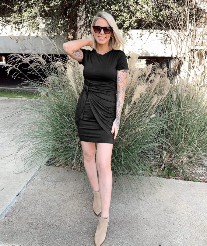 BTFBM Women 2025 Spring Casual Short Sleeve Ruched Bodycon Tank T Shirt Dress Tie Waist Sun Beach Summer Mini Dresses – Bild 5