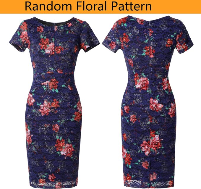 VFSHOW Damen Front-Reißverschluss, schmal, Arbeit, Büro, Business, Cocktail, Party, Bleistiftkleid, Marineblau und Rot mit Blumenmuster, Klein – Bild 6