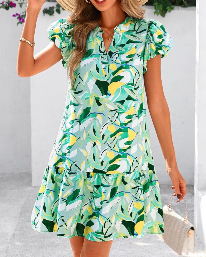 dowerme Womens Summer Dresses 2025 Puffy Sleeve V Neck Loose Floral Print A Line Boho Mini Babydoll Dress with Pockets – Bild 7