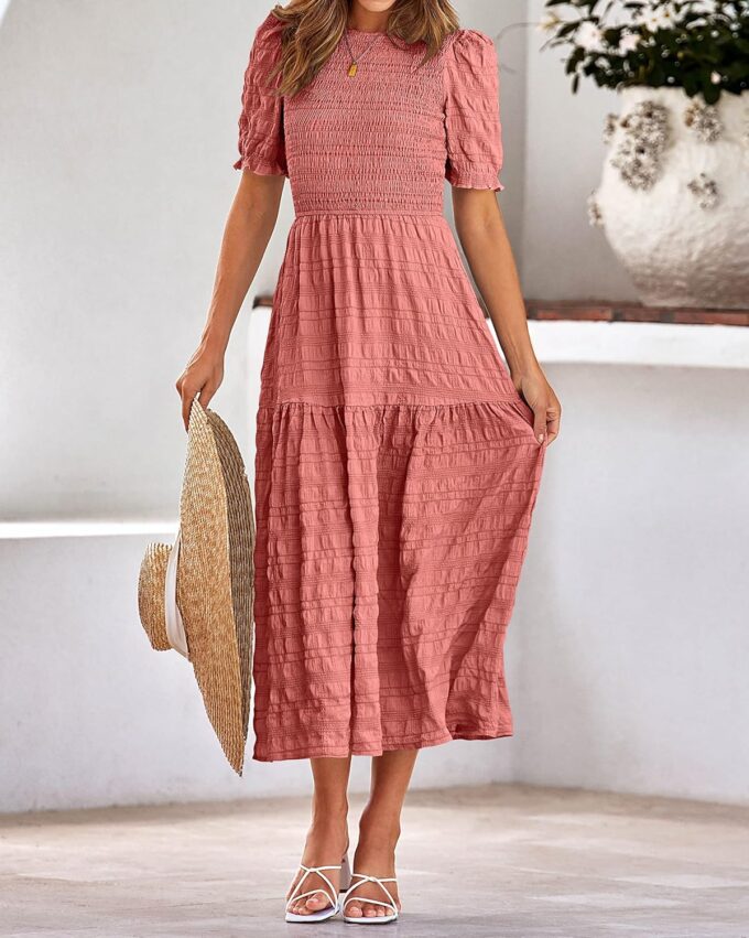dowerme Womens Summer Dresses 2025 Casual Puff Short Sleeve Crewneck Smocked Flowy Ruffle Boho Beach Party Maxi Sundress – Bild 8