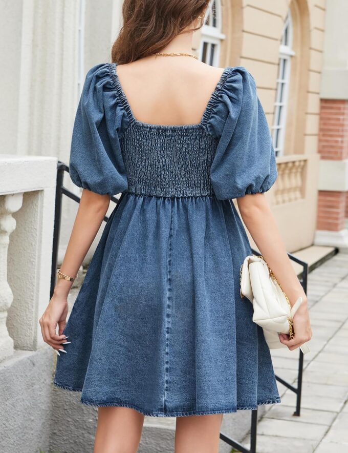 Denim Dress Babydoll Jean Square Neck Puff Sleeve Casual Country Concert Dresses with Pockets for Women 2025 – Bild 3