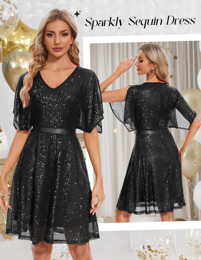 Wedtrend Women's Sparkly Sequin Dress Bat Sleeves Cocktail Dress Glitter Club Dress – Bild 2