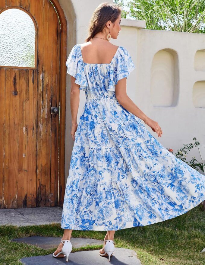 GRACE KARIN Womens 2025 Floral Summer V-Neck Ruffle Sleeve Empire Waist A-Line Casual Maxi Tiered Dress with Pockets – Bild 3