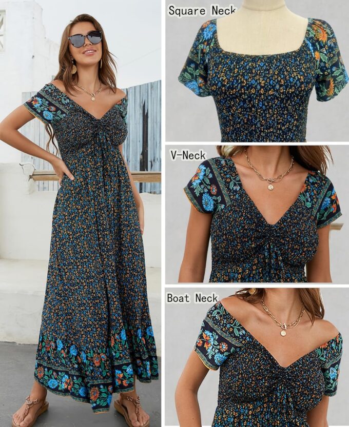 Women's Summer Floral Maxi Dress Casual Short Sleeve Flowy Boho Beach Party Long Dress – Bild 3