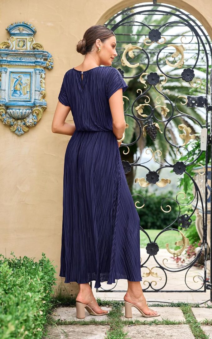 ECOWISH Summer Maxi Dress Women Cocktail Formal Wedding Guest Long Short Sleeve Pleated Dresses Empire Waist Crew Neck Slit – Bild 2