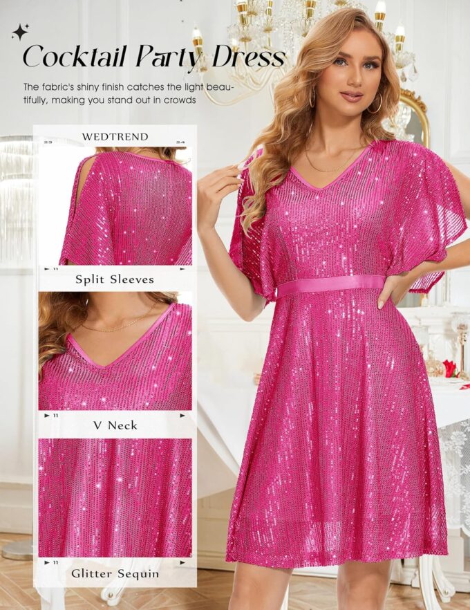 Wedtrend Women's Sparkly Sequin Dress Bat Sleeves Cocktail Dress Glitter Club Dress – Bild 3