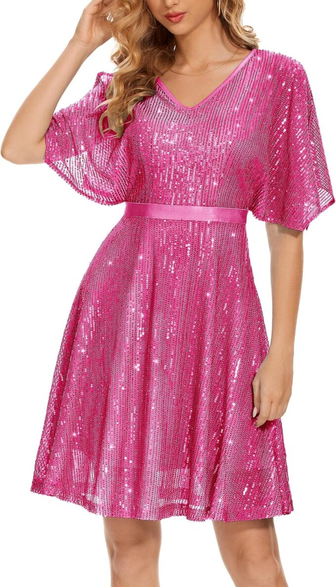 Wedtrend Women's Sparkly Sequin Dress Bat Sleeves Cocktail Dress Glitter Club Dress