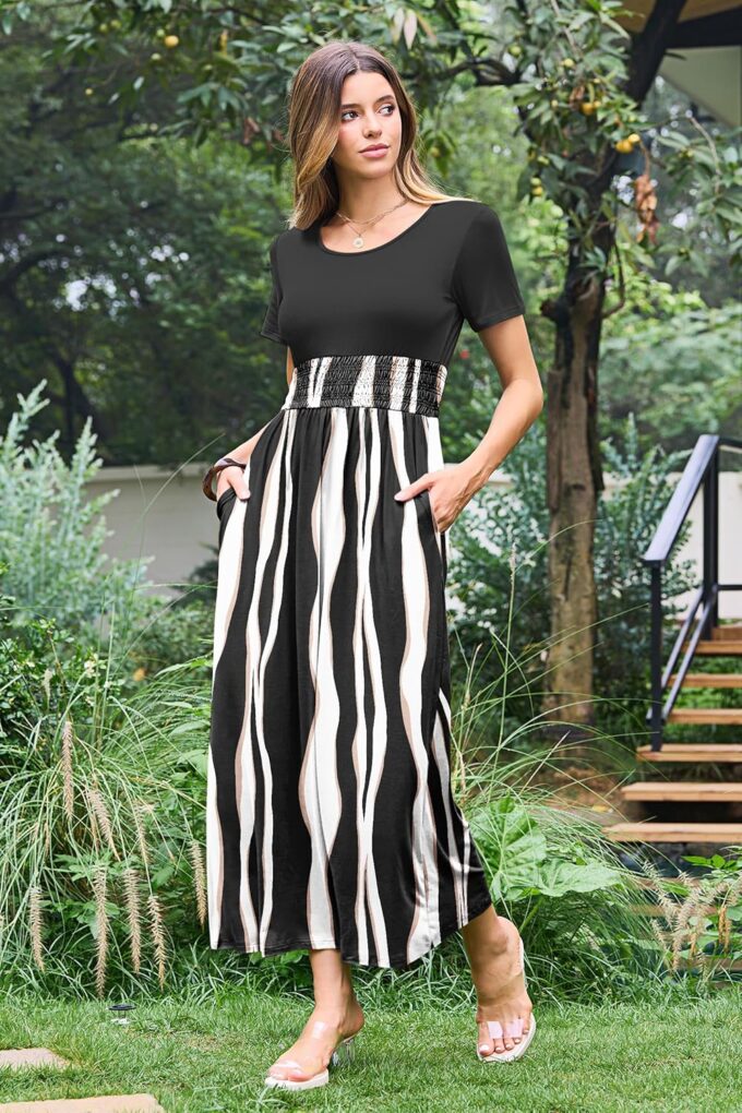 AUSELILY Women's Summer Smocked Short Sleeve Long Maxi Dresses for Women 2025 New – Bild 3