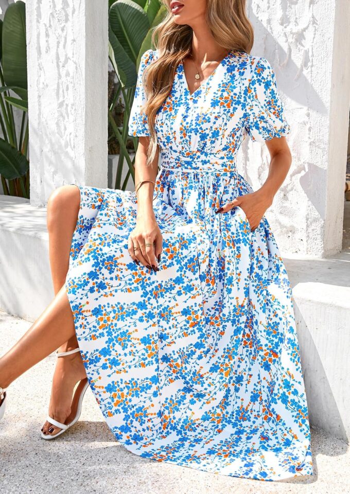 PRETTYGARDEN Summer Maxi Dresses for Women 2025 Floral V Neck Puff Sleeve Empire Waist A Line Flowy Long Beach Boho Dress – Bild 8