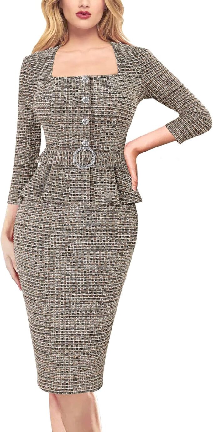 VFSHOW Damen 2024 Business Arbeit Büro Quadratischer Ausschnitt Gürtel Schößchen Knöpfe Slim Bodycon Etuikleid