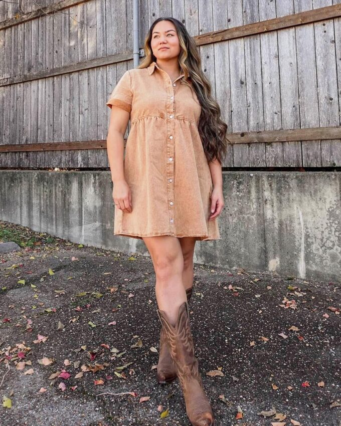 GRAPENT Denim Dress for Women Babydoll Tiered Short Sleeve Button Down Jean Shirt Dresses – Bild 8