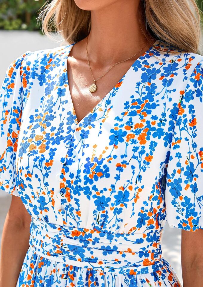 PRETTYGARDEN Summer Maxi Dresses for Women 2025 Floral V Neck Puff Sleeve Empire Waist A Line Flowy Long Beach Boho Dress – Bild 5