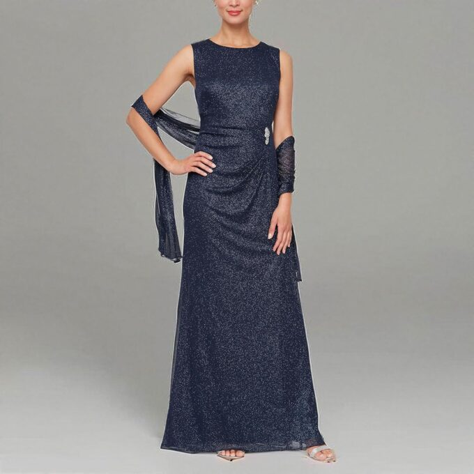 S.L. Fashions Women's Long Glitter Mesh Sleeveless Dress With Embellished Waist and Shawl – Bild 4