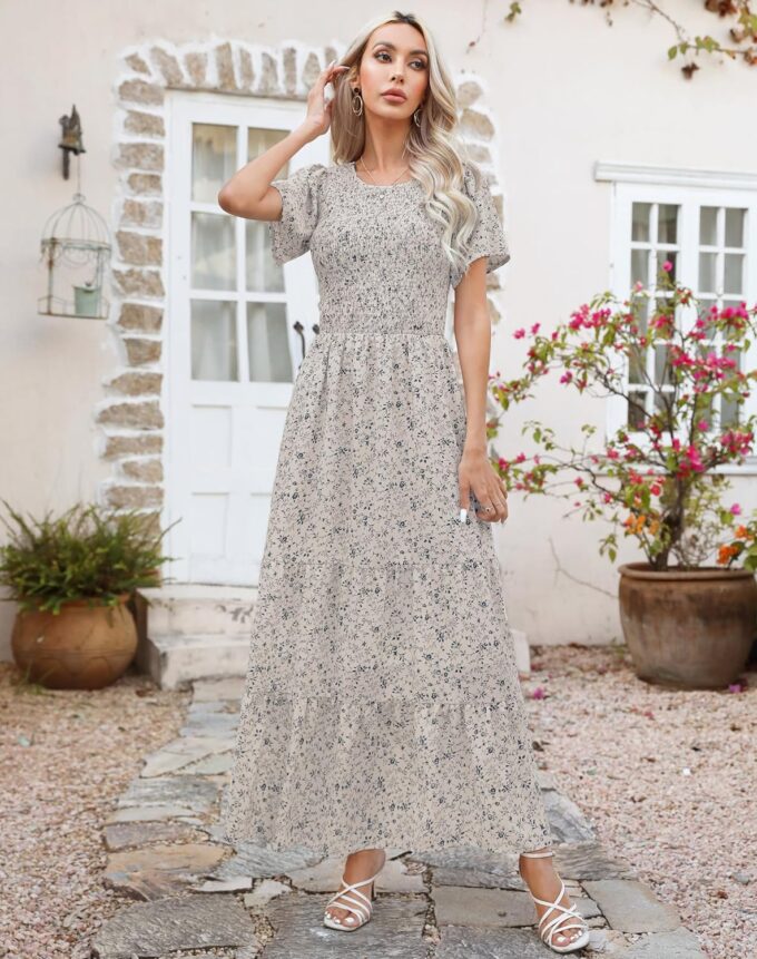 Kranda Women Summer Dress Round Neck Flutter Short Sleeve Smocked Ruffle Tiered Floral Maxi Dress 2024 – Bild 7