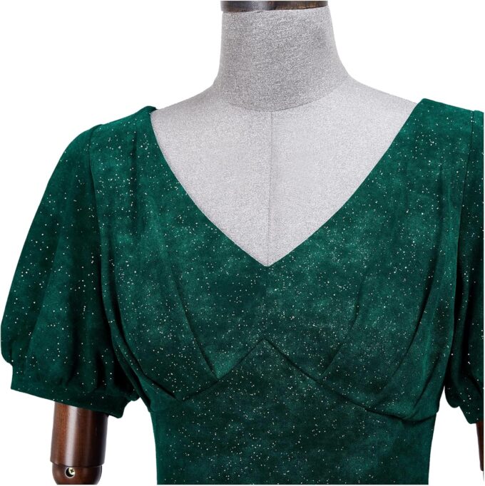 Miusol Women's Retro V-Neck Elegant Glitter Wrap Ruched Puff Sleeve Cocktail Party Dress – Bild 5