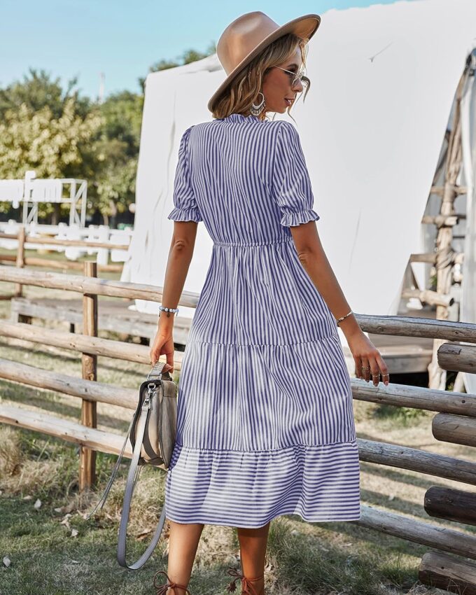 Sexyasasii Women's Summer Ruffle Puff Sleeve Dress Short Sleeve V Neck High Waist Casual Loose Striped Midi Dresses – Bild 2