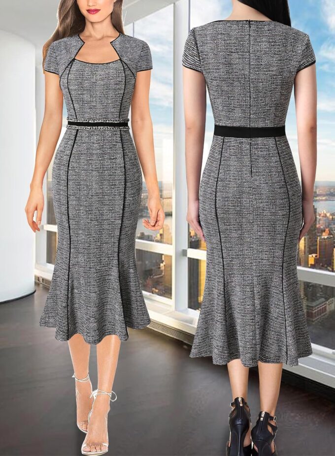 VFSHOW Womens Elegant Vintage Square Neck Business Office Cocktail Party Bodycon Midi Mermaid Dress – Bild 2