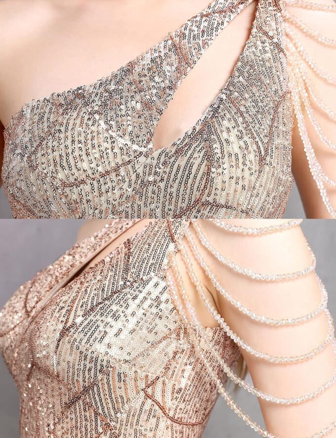Women One Shoulder 1920s Plus Size Formal Dress Tassels Sleeve Sequins Gatsby Maxi Evening Gown – Bild 6