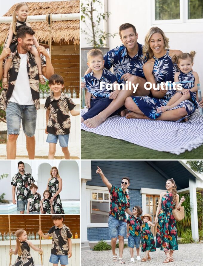 PATPAT Family Hawaiian Matching Outfits Mommy and Me Outfits Caribbean Vacation Summer Tropical Halter Sundresses and Shirts – Bild 2