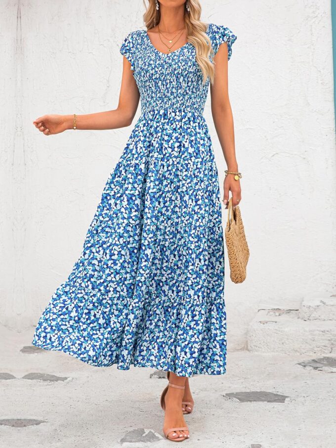 MASCOMODA Womens Summer Maxi Dress Casual V Neck Cap Sleeve Smocked Dresses Ruffle Tiered Beach Party Long Flowy Sundresses – Bild 4