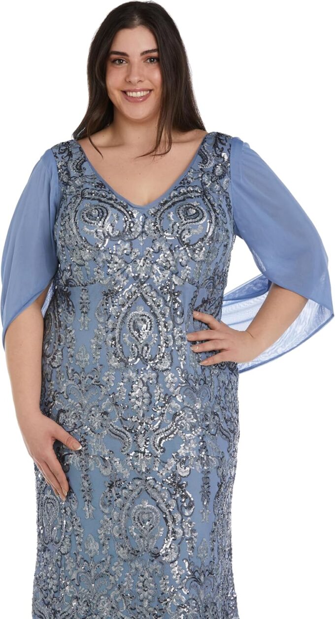 R&M Richards Elegant Beaded Long Gown W/Draped Sleeves & V-Neckline – Bild 5