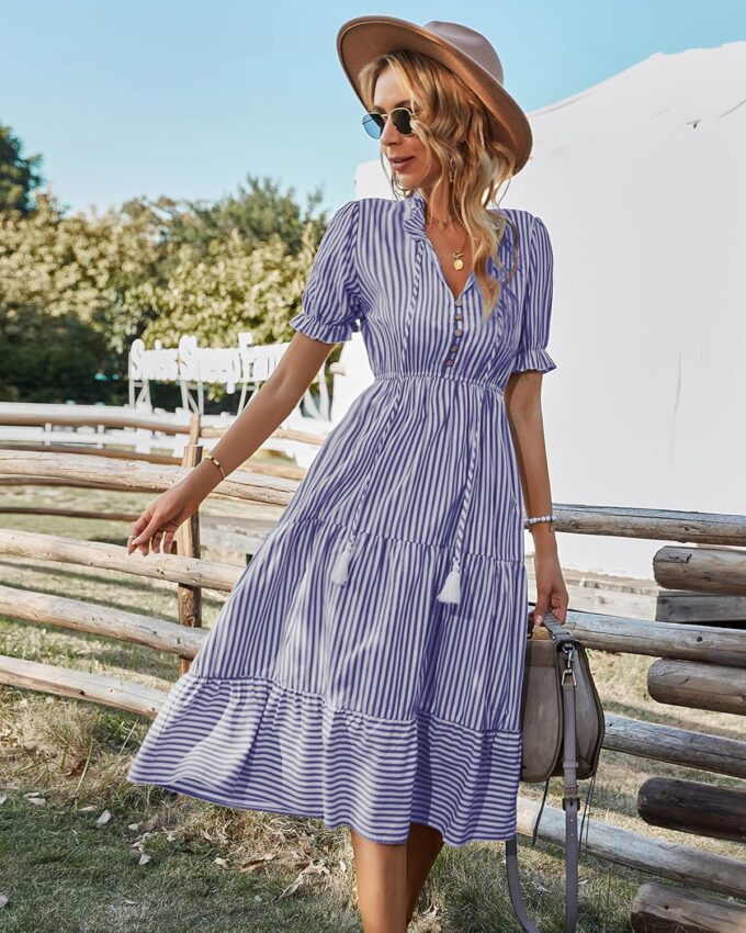 Sexyasasii Women's Summer Ruffle Puff Sleeve Dress Short Sleeve V Neck High Waist Casual Loose Striped Midi Dresses – Bild 7