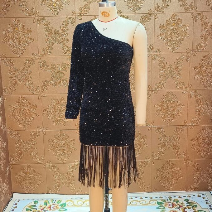 Women Sexy Sequin One Shoulder Long Sleeve Tassel Hem Bodycon Midi Dress Party Cocktail Dress – Bild 4