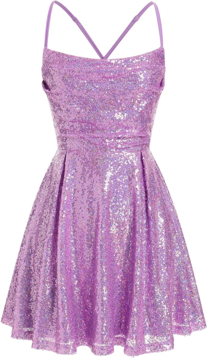 ODIZLI Women's Sexy Sparkle Sequins Glitters Tie Back Ruffle Mini Dress Homecoming Prom Dress – Bild 2