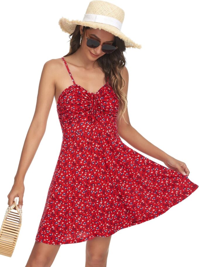 Missufe Spaghetti Strap Floral Mini Dress Women's Casual Ruched Front Drawstring Swing Sundress – Bild 4