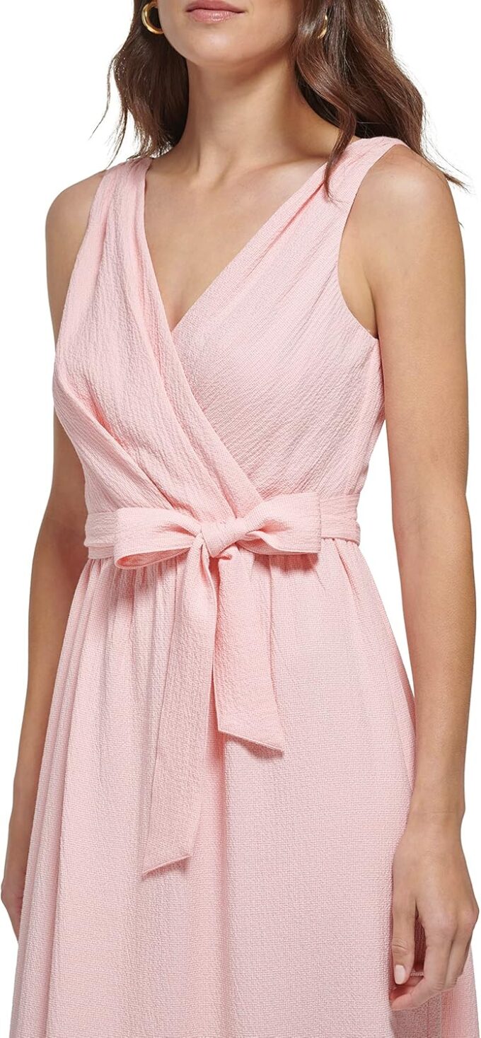 DKNY womens Ruffle Hem Self Tie Belt V Neck Dress – Bild 4