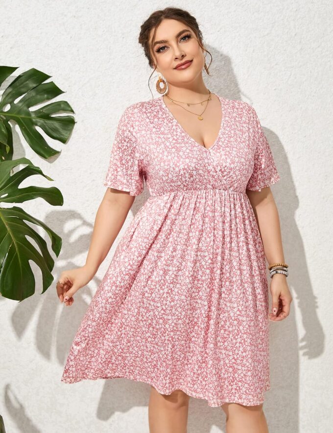 ShopWonder Plus Size Dress Women's V Neck A-Line Knee Length Wrap Swing Dresses Plus Size A Line Party Mini Dress – Bild 4