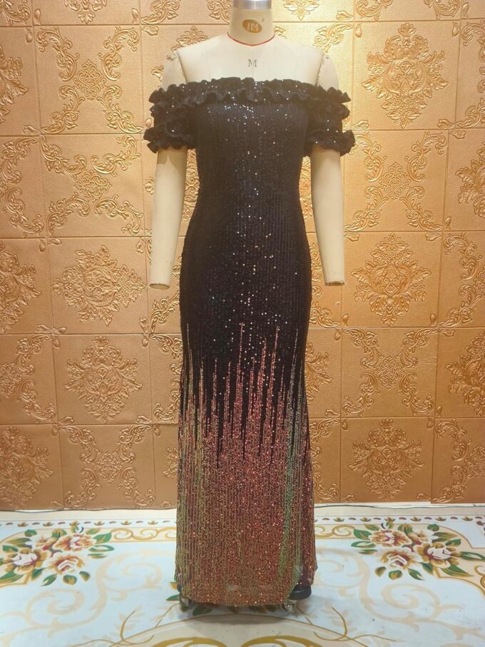 Women Sexy Sequin Off Shoulder Ruffle Short Sleeve Bodycon Mermaid Party Formal Evening Maxi Dress – Bild 5