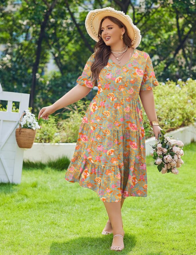 IN'VOLAND Womens Plus Size Short Sleeve Dress Summer Midi Casual Tiered V-Neck Aline Flowy Loose Dresses with Pockets – Bild 4