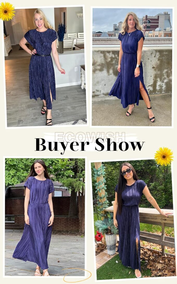 ECOWISH Summer Maxi Dress Women Cocktail Formal Wedding Guest Long Short Sleeve Pleated Dresses Empire Waist Crew Neck Slit – Bild 3