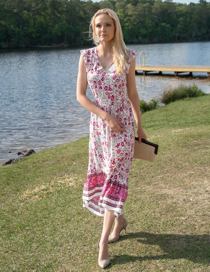 PRETTYGARDEN Women's Summer Maxi Dress Casual Floral V Neck Cap Sleeves Boho High Low Flowy Midi Long Sun Dresses – Bild 7