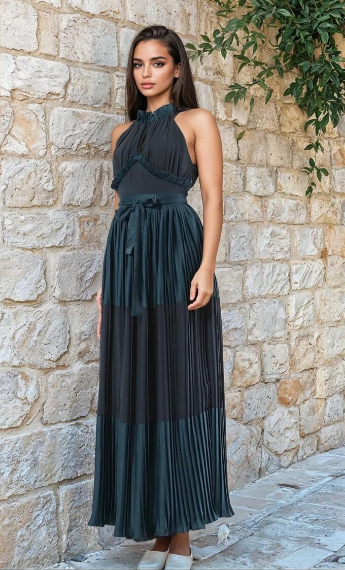 Women's Sleeveless Satin Maxi Dress – Flared Pleated Skirt, Waist Tie, Halter Neck with High Ruffled Neckline